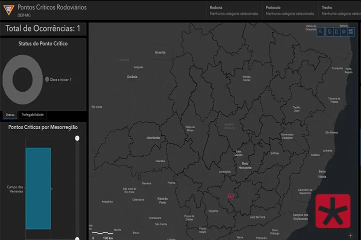 mapa mostrando os pontos críticos nas rodovias de Minas Gerais em tempo real