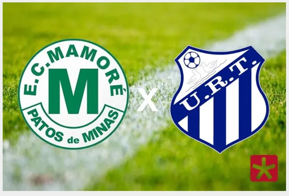 imagem colorida de um gramado ao fundo com os escudos da URT e do Mamoré 