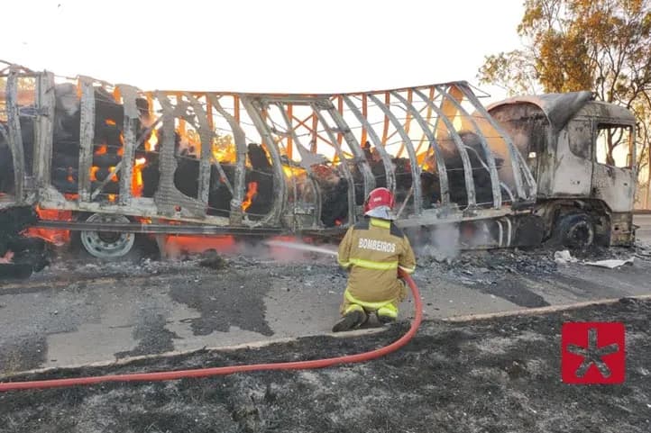 Caminhão carregado com tecidos pega fogo e interdita a BR-365