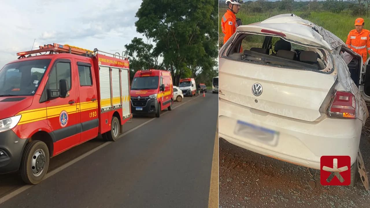 Passageira de veículo fica presa às ferragens após capotamento na BR-365 em Patos de Minas