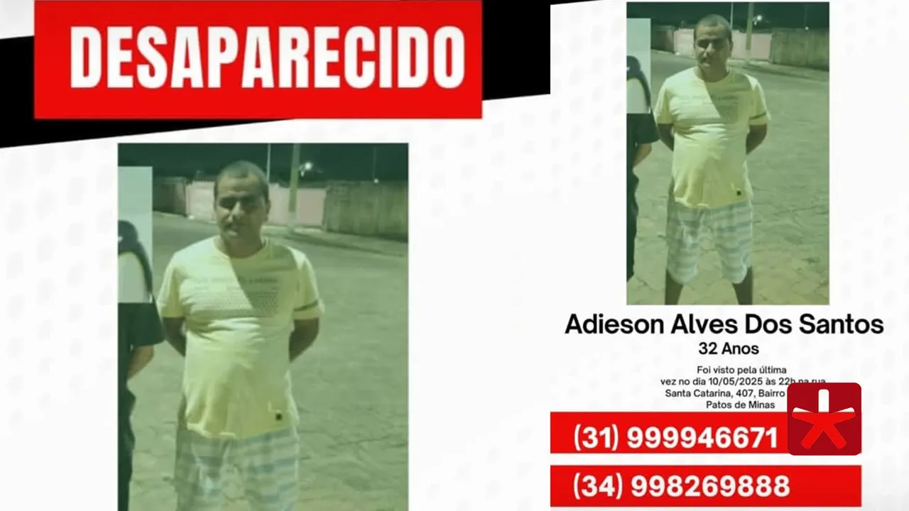 Homem de 32 anos está desaparecido há três dias em Patos de Minas, e família vive momento de angústia