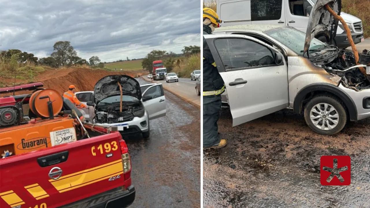 Carro fica danificado por incêndio na MGC-354 em Patos de Minas
