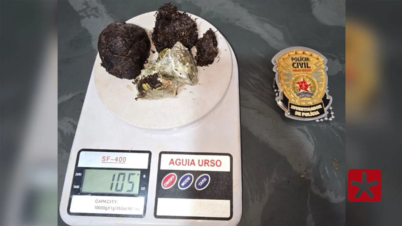 Foi identificada uma porção de aproximadamente 100 gramas de maconha prensada