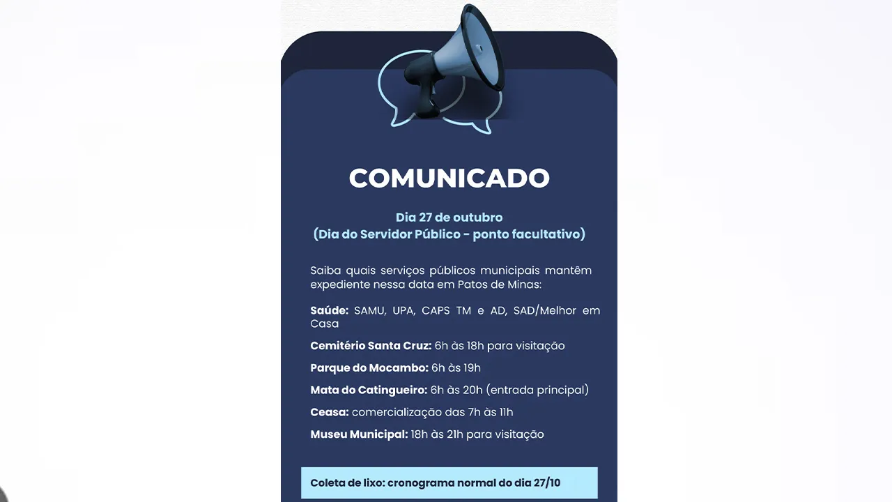 Dia do Servidor Público: saiba o que abre e o que fecha em Patos de Minas nesta segunda