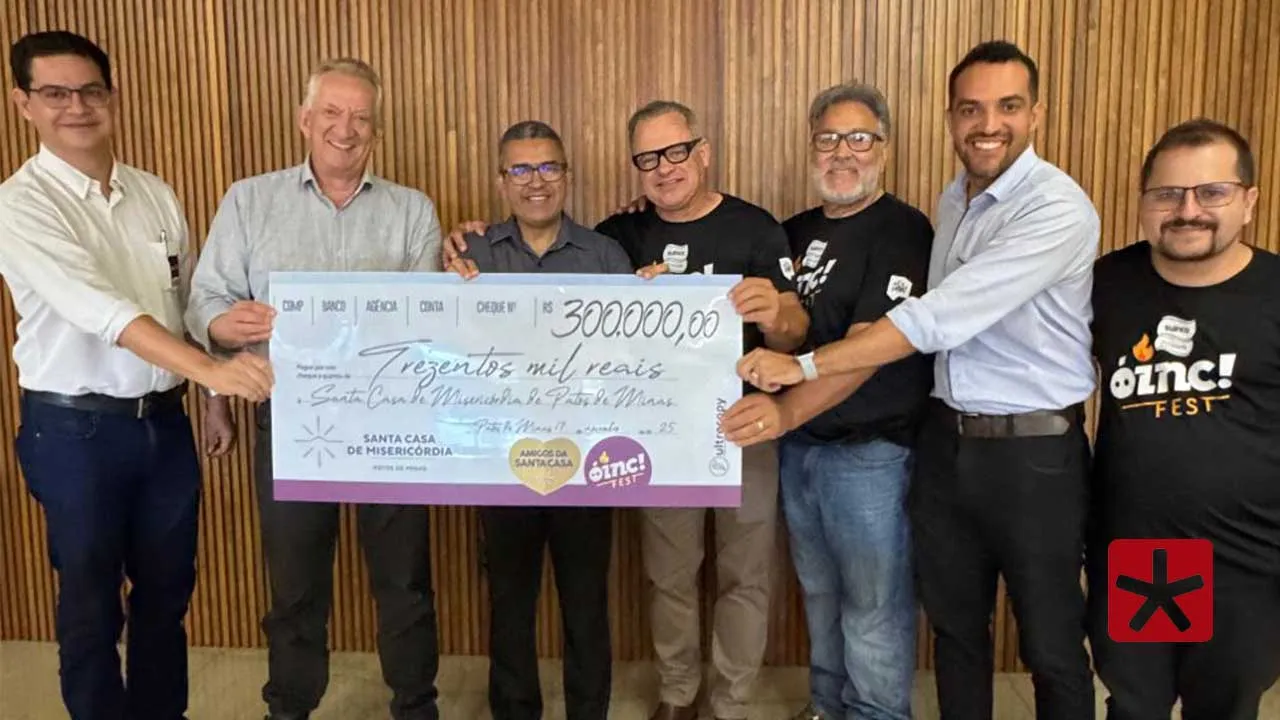 Santa Casa de Misericórdia de Patos de Minas recebe cheque de R$ 300 mil da Óinc Fest 2025
