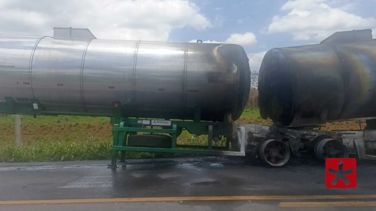 Carreta carregada de leite pega fogo na BR-365