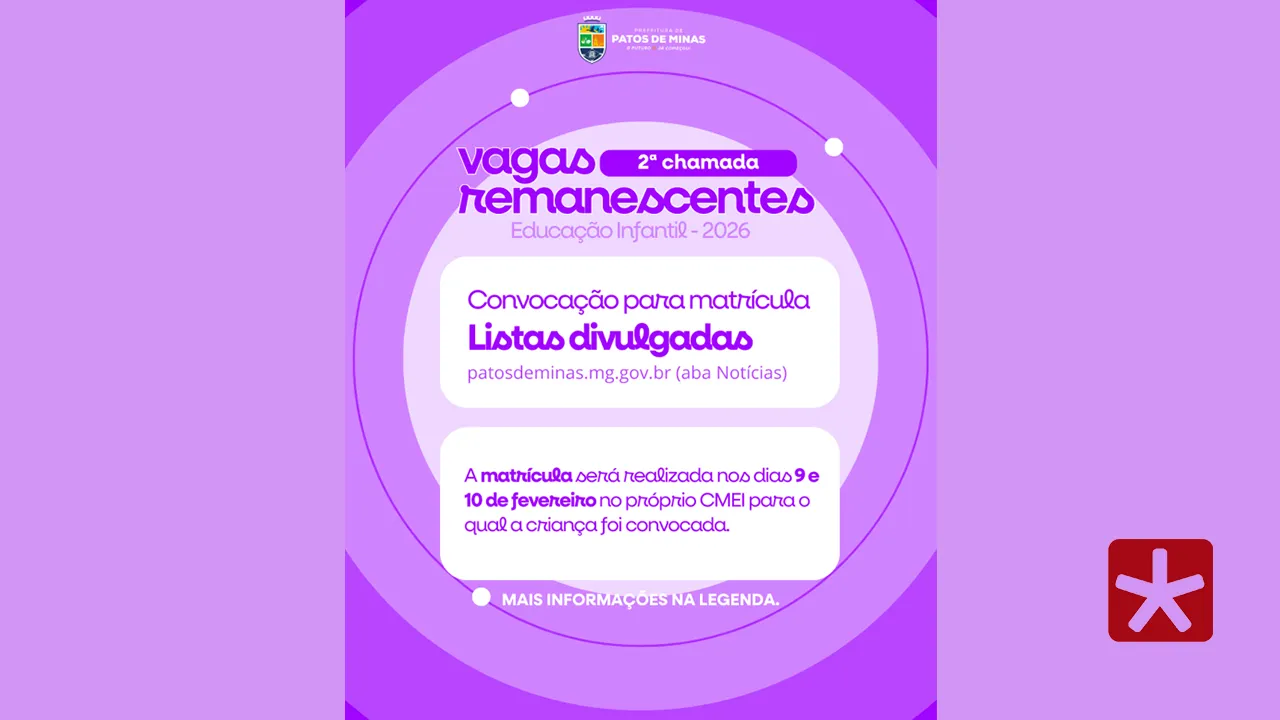 Prefeitura divulga segunda chamada para vagas remanescentes em CMEIs de Patos de Minas
