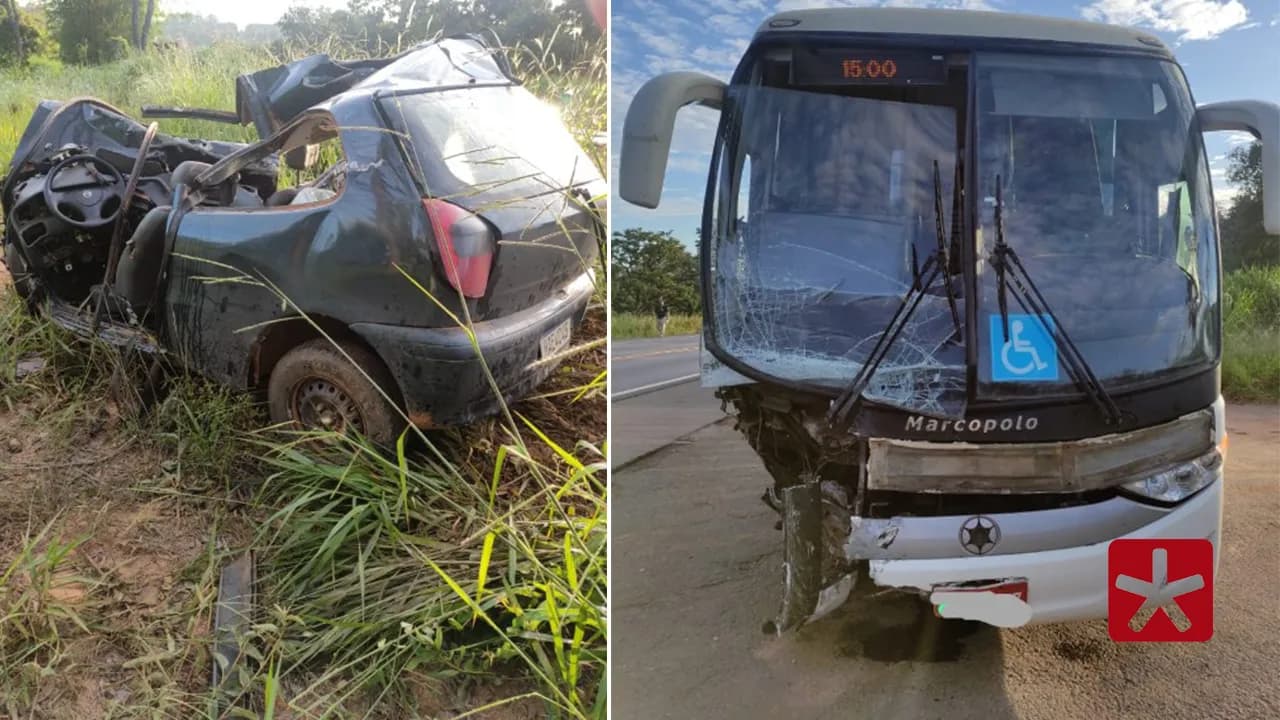 Veículo invade contramão e bate de frente com ônibus na BR-365