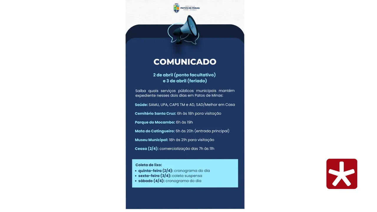Prefeitura de Patos de Minas divulga funcionamento dos serviços públicos no feriado de abril