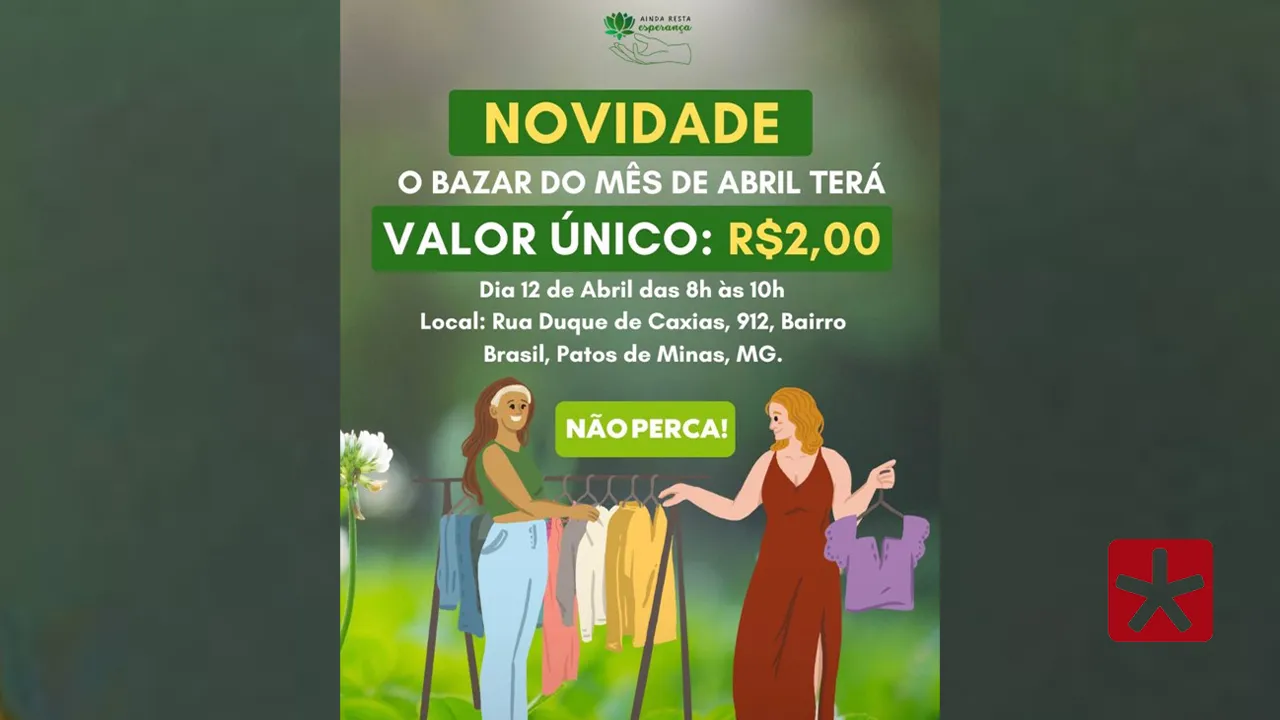 Bazar solidário em Patos de Minas terá peças a R$ 2 neste domingo